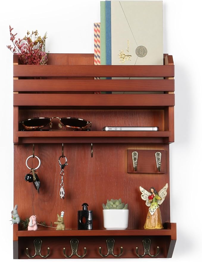 Key Holder, Wall Mounted Mail Organizer, Keys Holder on Wall with 9 Key Hooks, Auburn