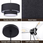 Black Drum Pendant Light Fixtures, 18” Double Drum Chandelier with Fabric Lampshade E26 Base, 3 Light Dining Room Light Fixture, 2-Tier Chandelier for Bedroom and Kitchen(Bulb not Included)
