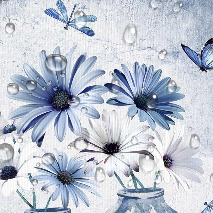 Rustic Farmhouse Blue Floral Shower Curtain, Light Blue Daisy Flowers Butterfly Dragonfly on Abstract Aesthetic Country Wooden Boho Shower Curtain Set, White Bathroom Accessory Sets with Hooks, 47X64