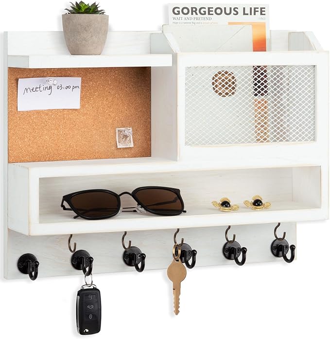 Key Holder for Wall with Mail Organizer,Farmhouse Mail and Key Holder for Wall,Key Hanger with ‌Metal 11 Hooks,Corkboard,and Shelf,Decorative Natural Pine Wood Entryway Organizer,14.6*11.1*3.3”,White