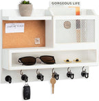 Key Holder for Wall with Mail Organizer,Farmhouse Mail and Key Holder for Wall,Key Hanger with ‌Metal 11 Hooks,Corkboard,and Shelf,Decorative Natural Pine Wood Entryway Organizer,14.6*11.1*3.3”,White