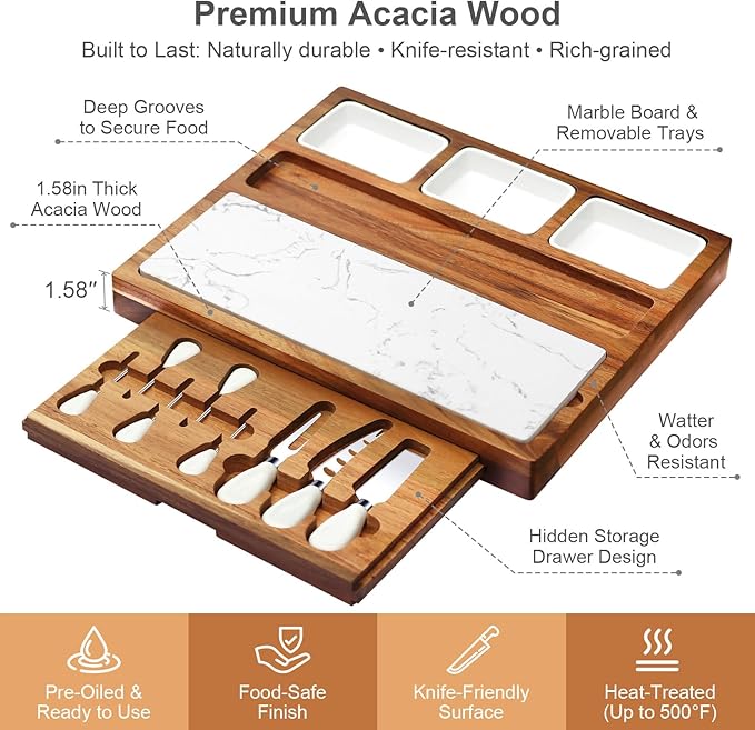 Charcuterie Board Set - EUMUU Premium Large Acacia Wood Cheese Platter with Reusable Bowls, Cheese Knives and Forks - Housewarming, Wedding, Bridal Shower, Birthday Gifts