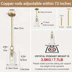 Botanist Cloche K9 Crystal Pendan Light,Modern Crystal and Brass Pendant Lights Fixture,Gold Pendant Lights Kitchen Island,Kitchen Pendant Lighting Over Island,E12 Bulb Included