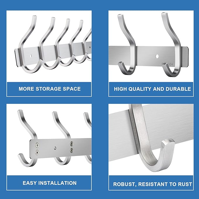 Wall Hooks Heavy Duty, 12 Inch Coat Rack Wall Mount with 4 Hooks, Silver Wall Hooks Hangers for Entryway, Bathroom - for Hanging Backpack, Bag, Coat, Purse, Hat, Towel, Clothes,2 Packs