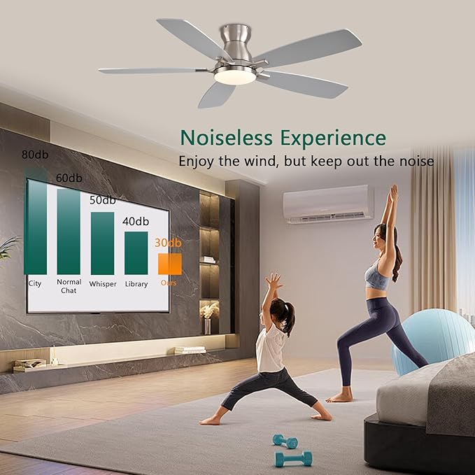 52inch Flush Mount Ceiling Fans with Lights and Remote Control/APP Control, DC Reversible Motor, Noiseless, Dimmable, Low Profile Nickel Ceiling Fan for Bedroom Indoor/Outdoor Use