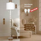 65.5” Natural Real Wood Floor Lamp for Living Room Bedroom, Dual S Cluster Socket, Pull Chains Switch, Farmhouse Tall Standing Lamp with Linen Shade for Home Room Decor (Bulbs Included)