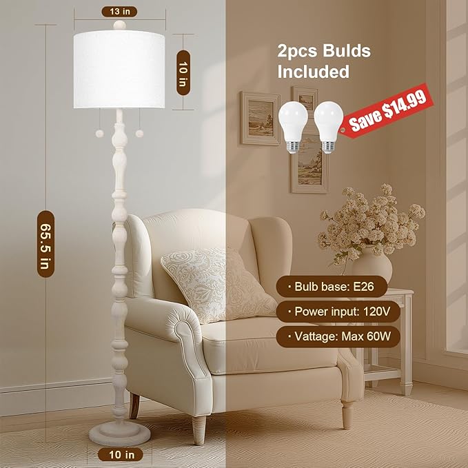 65.5” Natural Real Wood Floor Lamp for Living Room Bedroom, Dual S Cluster Socket, Pull Chains Switch, Farmhouse Tall Standing Lamp with Linen Shade for Home Room Decor (Bulbs Included)