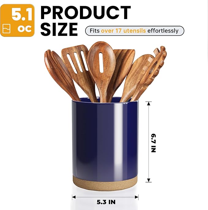 Ceramic Kitchen Utensil Holder for Countertop, Modern Crock with Non-Slip Cork Base, Counter Organizer for Cooking Tools , Blue
