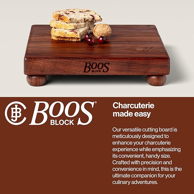 John Boos B Series Square Wooden Walnut Cutting Board 12”x12” – 1.5” Thick, 5-lb Non-Reversible Butcher Block with Wood Bun Feet & Edge-Grain