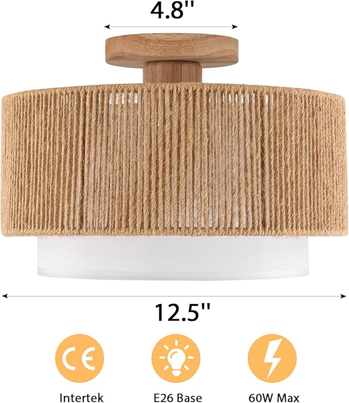 SineRise 12'' Rattan Flush Mount Ceiling Light Fixture,2-Tier Drum Hand-Woven Boho Flush Mount Ceiling Light,Farmhouse Light Fixture for Living Room,Kitchen,Bedroom Foyer Entryway ect.