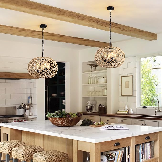 19" Rattan Farmhouse Chandelier Light Fixtures,4-Light Boho Rattan Chandelier for Dining Room Large Hand Woven Pendant Light Hanging Light Fixtures with Fabric Shade for Living Room Bedroom Kitchen