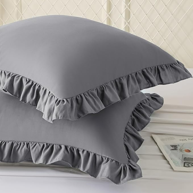 KKJIAF Ruffle Pillow Cases 24x24 Inches, Grey Square Ruffled Pillow Covers Set of 2, Microfiber Wrinkle Resistant Pillow Shams with Envelope Closure for Sofa Bed Living Room