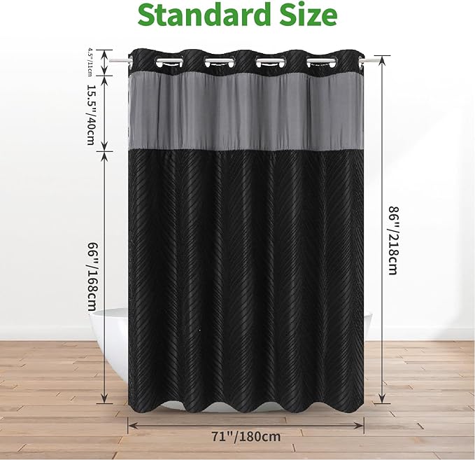 no Hook Shower Curtain and Liner Set，Boho Style with See Through Top Window, Black Fabric Tufted Striped Textured Outer Curtain & Waterproof Inner Liner, DarkBlack, 71Wx86H