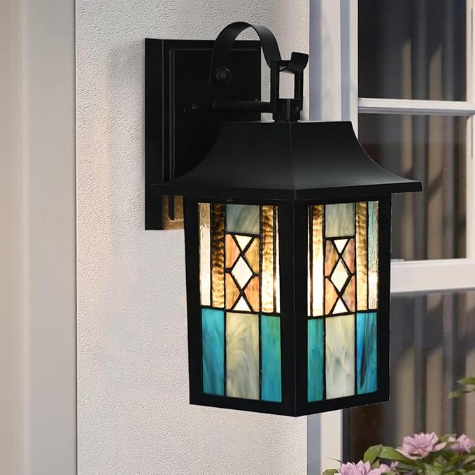 WL0011 Tiffany Style Outdoor Light Fixutres Stained Glass Wall Sconce Exterior Waterproof Wall Lantern Light Fixture for Balcony Aisle Hallway W 7X D 6 x H 12 Inches, Bulb Included (Aurix)