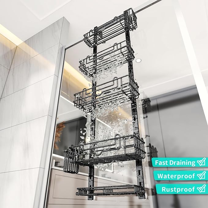 HapiRm 5 Tier Over the Door Shower Caddy, Hanging Shower Caddy with 28 Hooks and 2 Toothbrush Holders, No Drilling Adjustable Hanging Bathroom Organizer - Black