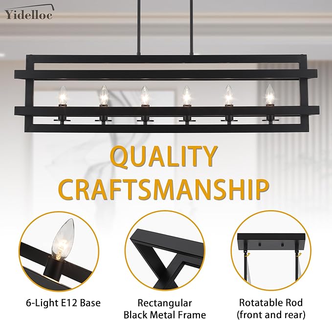 Black Chandeliers Rectangle Pendant Lights Kitchen Island Farmhouse Fixture Lights Cage 6-Lights Modern for Dining Room Living Room