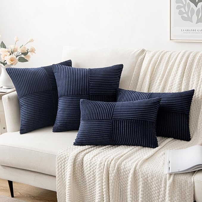 MIULEE Dark Blue Corduroy Pillow Covers Pack of 2 Boho Decorative Spliced Throw Pillow Covers Soft Solid Couch Pillowcases Cross Patchwork Textured Cushion Covers for Living Room Bed Sofa 12x20 inch