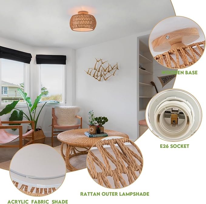 Rattan Chandelier Boho Ceiling Light Fixtures Drum Flush Mount Ceiling Light Small Woven Chandelier for Kitchen Bedroom Hallway Nursery Light Fixture