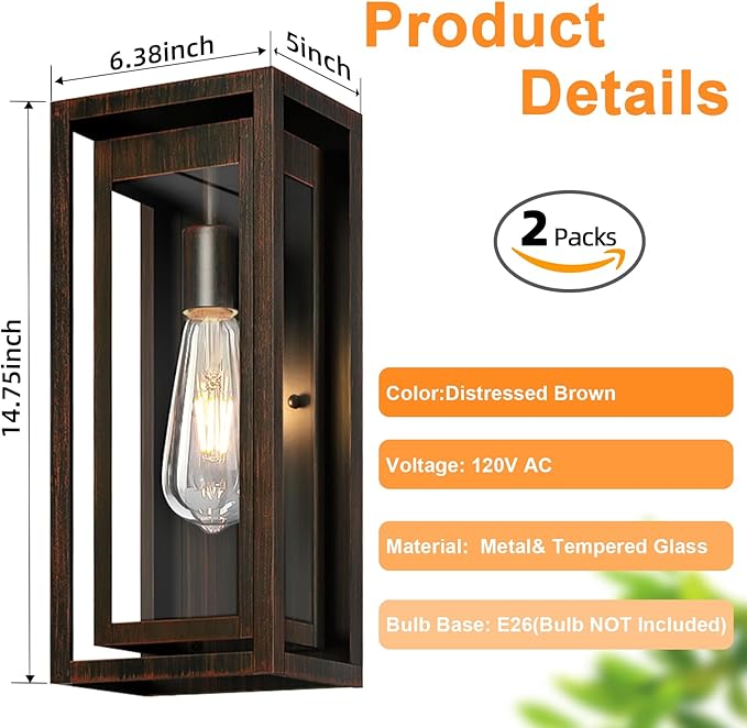 15" Large Outdoor Light Fixture Wall Mount, 2 Pack Distressed Brown Outdoor Sconce Lights, Modern Waterproof Exterior Porch Lights with Clear Glass Shade for Front Door, Garage