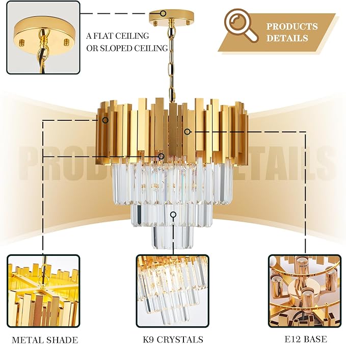 3-Tier 15.8" Crystal Gold Chandelier Modern Crystal Pendant Chandeliers 5 Lights Round Hanging Lighting for Dinning Room Kitchen Island Bedroom Living Room Foyer Entryway, E12