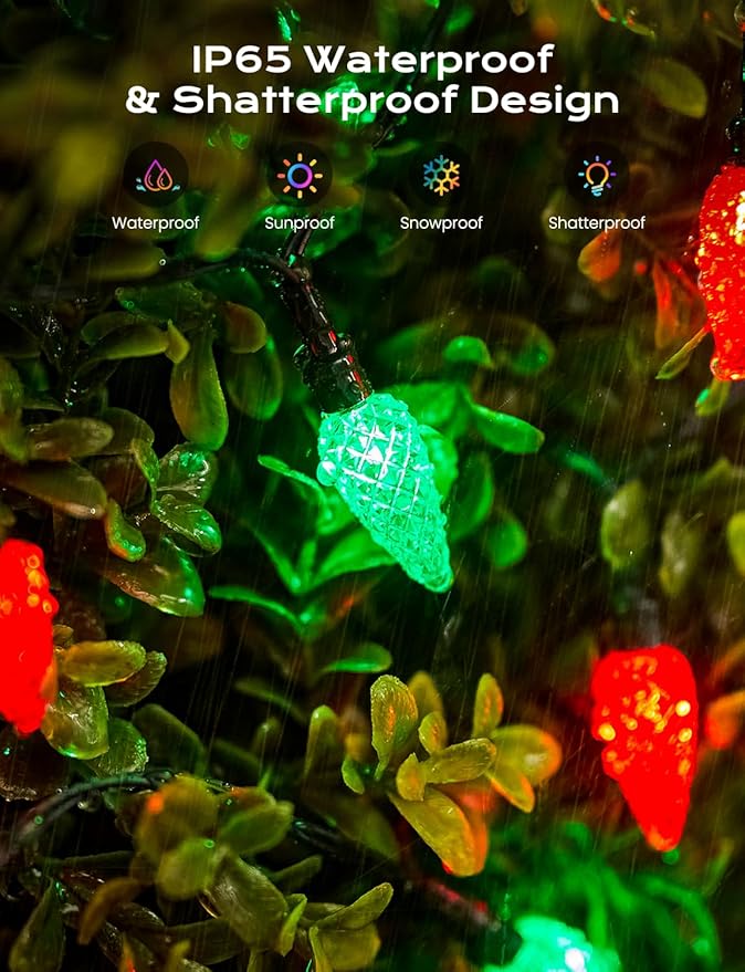 Brightown Solar Operated C6 Strawberry String Lights, 22.64ft 50 LEDs Red Green LED Christmas Fairy Lights, Solar Christmas Lights Outdoor, Christmas Decorations for Christmas Tree, Garden Decor