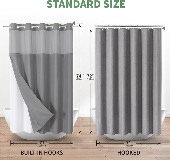 Grey No Hook Shower Curtain with Snap-in Fabric Liner Set,Slub Textured Fabric Shower Curtains for Bathroom,Hotel Style Modern Shower Curtain,Water Repellent & Washable,71x74(72)
