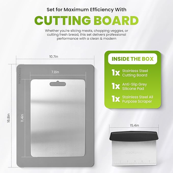 Titanium Cutting Board with Anti-Slip Silicone Pad & Multipurpose Scraper, Food Grade Rustproof Stainless Steel Cutting Board Kitchen Set, Space Saving Design, Non-Skid Bottom (11.4" x 7.8")