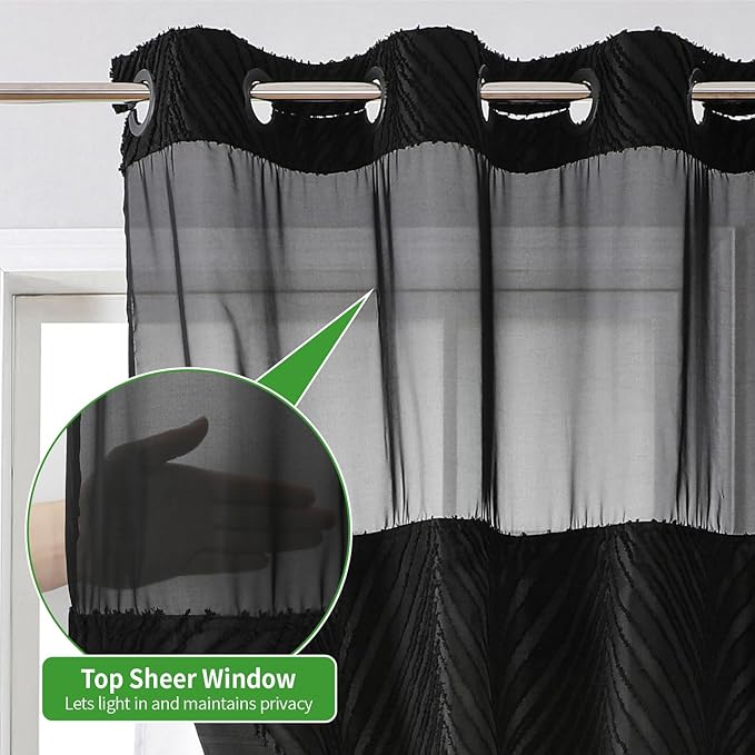 no Hook Shower Curtain and Liner Set，Boho Style with See Through Top Window, Black Fabric Tufted Striped Textured Outer Curtain & Waterproof Inner Liner, DarkBlack, 71Wx86H
