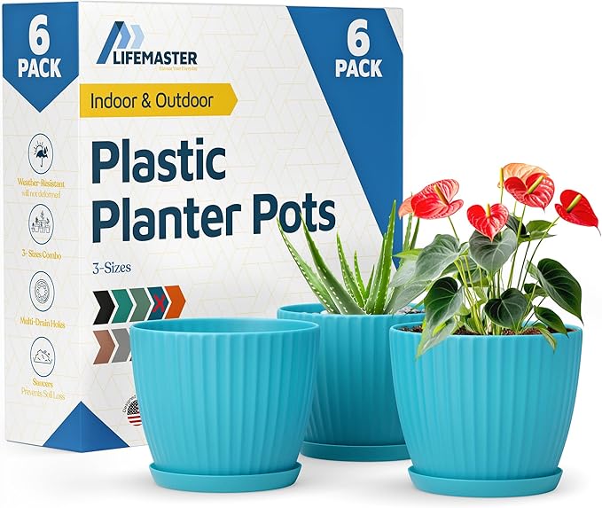 Blue 6-Inch Plant Pots with Drainage & Saucers 6 Pack, Indoor & Outdoor Planters for Houseplants, Herbs, and Flowers, Durable & Weatherproof Material, Stackable, Lightweight, Minimalist Design