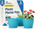 Blue 6-Inch Plant Pots with Drainage & Saucers 6 Pack, Indoor & Outdoor Planters for Houseplants, Herbs, and Flowers, Durable & Weatherproof Material, Stackable, Lightweight, Minimalist Design