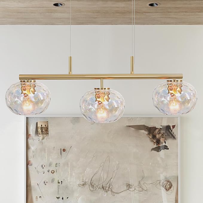 Brushed Brass Gold Chandelier Light Fixture with 7" Stained Glass Shade, 30" W Modern Pendant Lighting for Kitchen Island Dining Room
