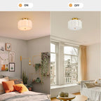 VONLUCE Semi Flush Mount Ceiling Light, 13" Ceiling Light Fixture with Flower-Shaped Fabric Shade, 3-Light Modern Light Fixture for Bedroom Living Room Nursery Hallway, White Shade & Gold Finish