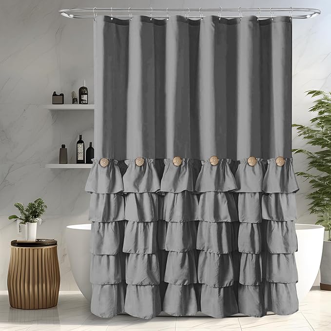 Seasonwood Grey Ruffle Button Shower Curtain Farmhouse Shower Curtain 72 X 78 inch Fabric Shower Curtains for Bathroom Bathtubs Decor