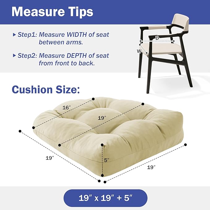 Outdoor Chair Cushions Set of 4, Patio Chair Cushions with Ties, 19x19+5” Tufted Outdoor Seat Cushions, Waterproof Patio Furniture Cushions, Outdoor Dining Chair Pads, Beige