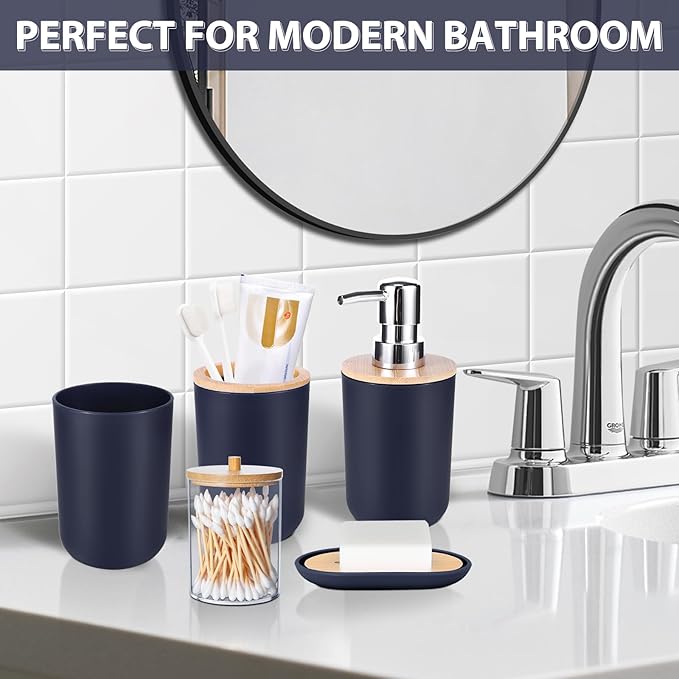 iMucci Bathroom Accessories Set 5Piece Navy Blue Bathroom Sets, Toothbrush Holder, Toothbrush Cup, Lotion Soap Dispenser, Soap Dish and Qtip Holder Bathroom Decor