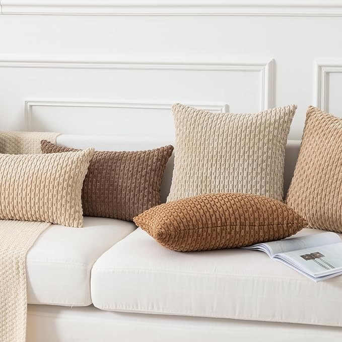 Kevin Textile Throw Pillow Covers Soft Corduroy Decorative Set of 2 Boho Striped Pillow Covers Pillowcases Farmhouse Home Decor for Couch Bed Sofa Living Room 22x22 Inch Beige