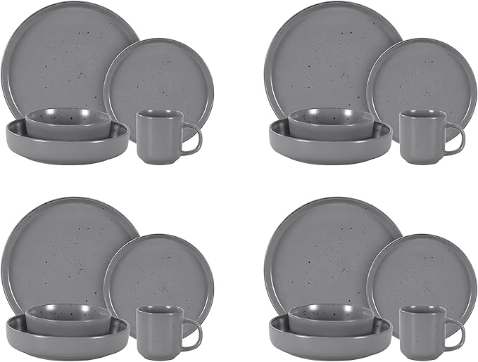 HomeVss, Nordic Shape Rising Rim Stoneware 20pc Dinnerware Set, Matte Grey with Speckle Finished Effect