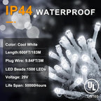 KNONEW 600ft 1500 LED String Lights Outdoor Christmas Lights 8 Modes & Timer Fairy Light Plug in Waterproof LED String Lights for Xmas Yard Tree Wedding Party Holiday Decorations (Cool White)