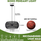 Black Boho Hanging Light Fixture Rattan Chandeliers Drum Pendant Lights for Dinning Room Wicker Chandelier Ceiling Hanging Light Basket Woven Chandelier for Bedroom Hallway Entrance Kitchen Island