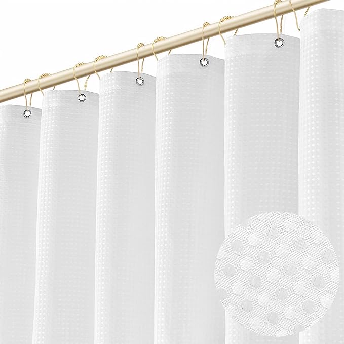 Boho Shower Curtain Set, Waterproof Fabric Shower Curtains, Luxury Hotel Style, Waffle Texture, Heavy Duty, Extra Long Bath Curtain, No Hook, Bathroom Decor, 72x36 Inch, White