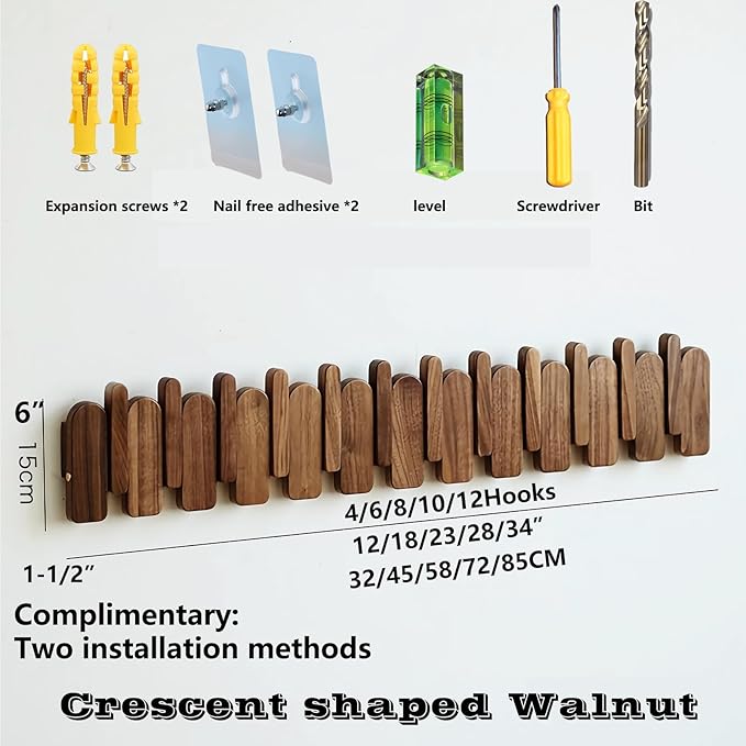 Wall Mounted Piano Key Hanger | Flip Style Hook | Entrance Wall Art Hook, Made of Oak Wood (3 Times Painted, 4 Times Polished) (Arc Walnut-Beech, 4Hooks)