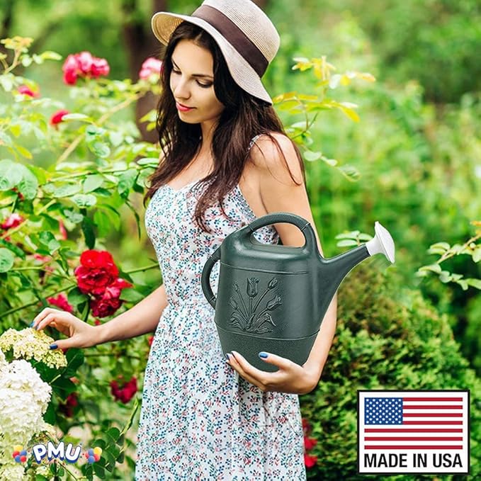 PMU 2 Gallon Watering Can - Garden Watering Can for Indoor & Outdoor Plants - Plastic Water Can with Detachable Sprinkler Head - Large Water Pot, Made in USA - Hunter Green Pkg/12