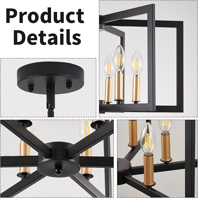 Black Chandelier, Dining Room Light Fixture Geometric Metal Modern Industrial Chandelier Lighting for Farmhouse Living Room Entryway Kitchen (E12 Bulbs Not Included, 6 Light, Black Gold)