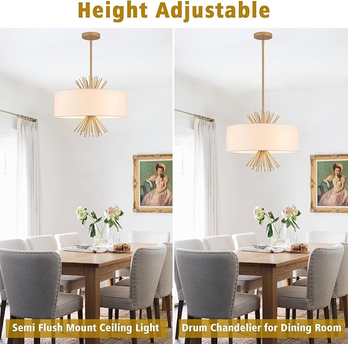 Drum Chandelier, 17.71” Gold Chandelier Farmhouse Pendant Light Fixture 4-Light with White Linen Shade, Adjustable Height Chandeliers for Dining Room Kitchen Living Room Bedroom, UL-Listed