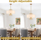 Drum Chandelier, 17.71” Gold Chandelier Farmhouse Pendant Light Fixture 4-Light with White Linen Shade, Adjustable Height Chandeliers for Dining Room Kitchen Living Room Bedroom, UL-Listed