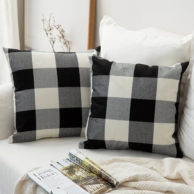 MIULEE Pack of 2 Halloween Classic Farmhouse Buffalo Check Plaids Linen Soft Solid Decorative Square Throw Pillow Covers Black and White Home Decor Outdoor Cushion Case for Sofa Bedroom 20 x 20 Inch