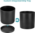 FaithLand 8-Inch Modern Cylinder Planter, Thick-Walled Plastic Plant Pot with Drainage Holes and Detachable Saucer, Matte Black, Ideal for Indoor & Outdoor Plants Flowers