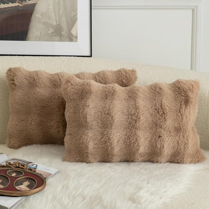 MANDIOO Pack of 2 Thick Plush Wool Decorative Throw Pillow Covers Super Soft Wave Bubble Fur Velvet Cushion Covers Pillow Shams for Couch Bed Living Room 16x24 Inch Camel