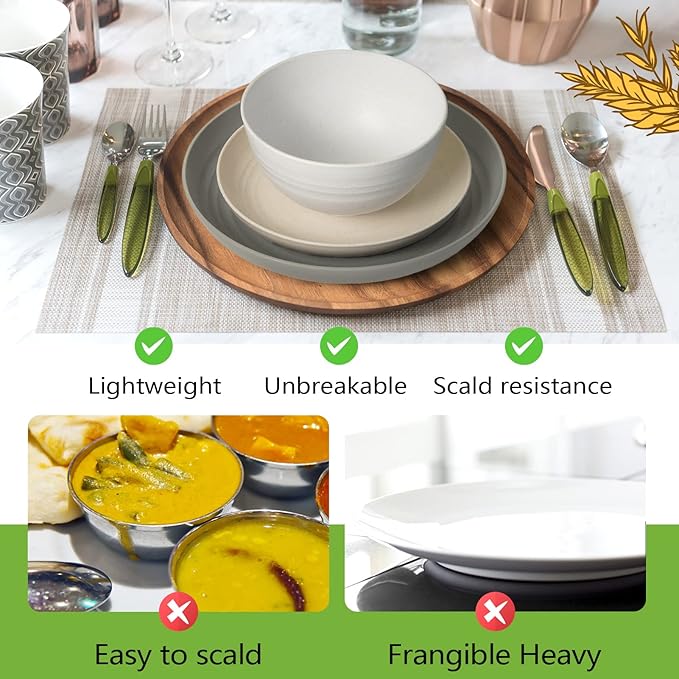 Teivio 16-Piece Kitchen Plastic Wheat Straw Dinnerware Set, Service for 4, Dinner Plates, Dessert Plate, Cereal Bowls, Cups, Unbreakable Plastic Outdoor Camping Dishes,Gray Stone