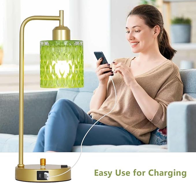 Green Table Lamp with USB Port and Outlet Set of 2, Glass Bedside Table Lamp for Bedroom, Retro Desk Lamps for Home Office, Mid Century Modern Small Night Stand Lamps, Gold Rustic Desk Light